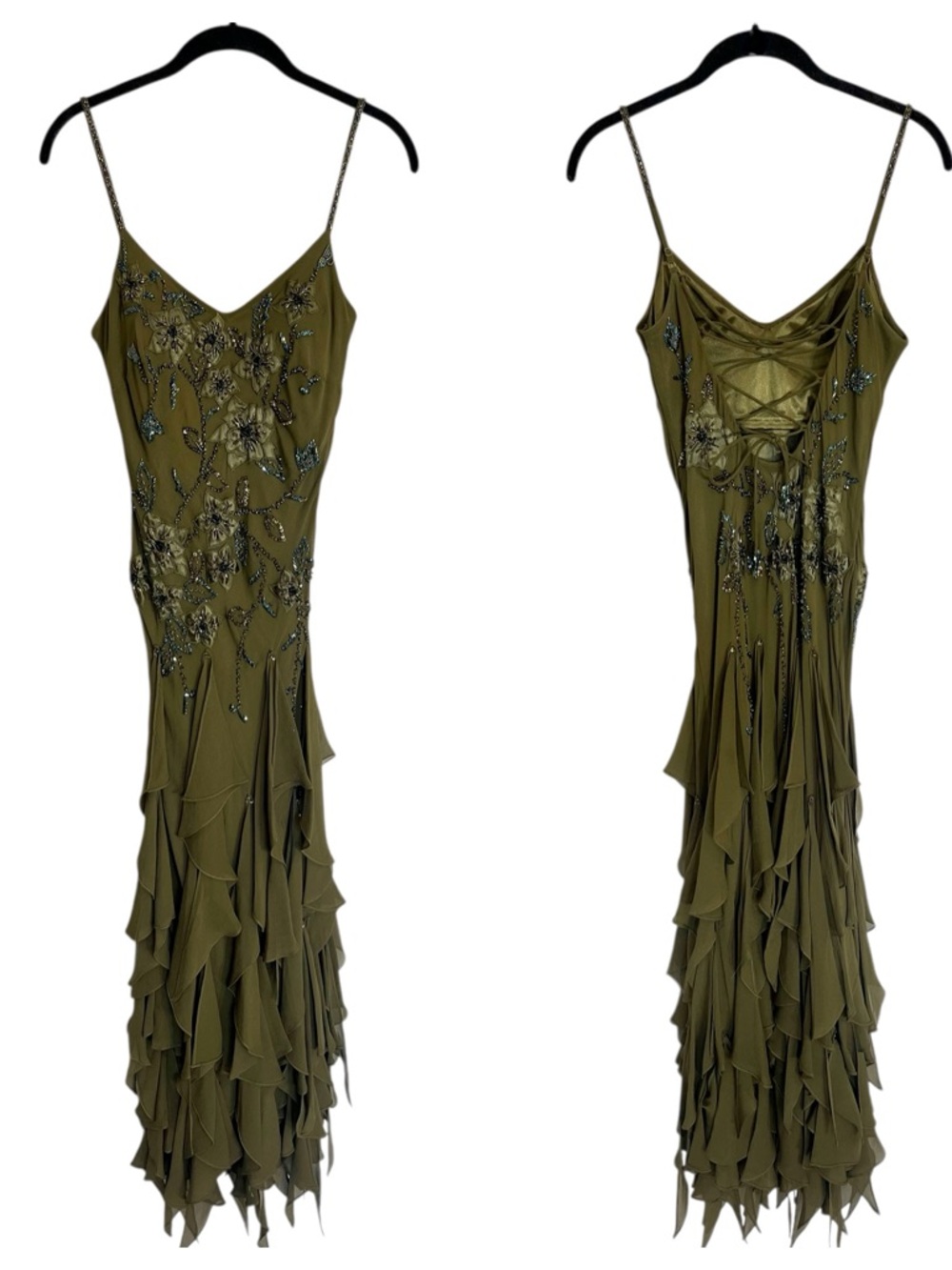 Sue Wong vintage Y2K silk beaded tiered ruffle dress forest fairy prom green 4